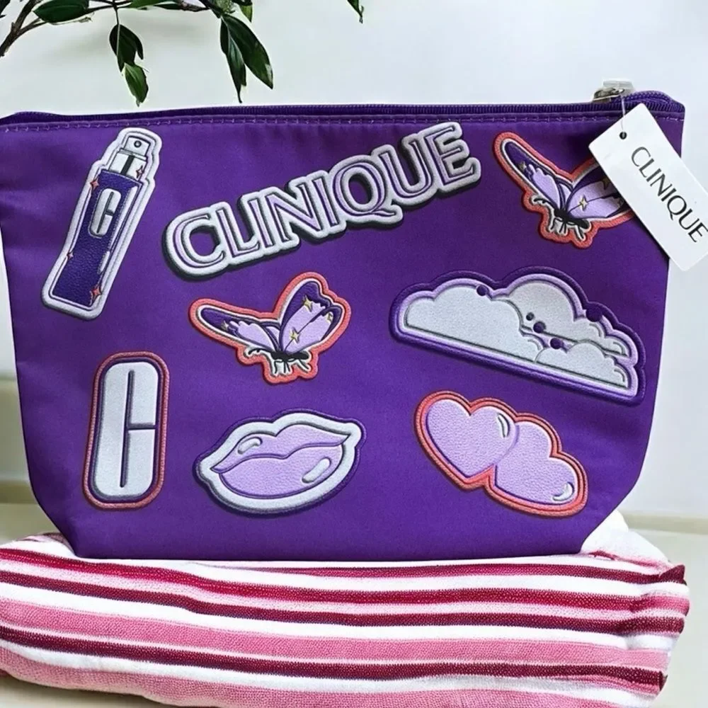 Clinique Purple Cosmetic Bag Makeup Pouch Butterfly Patch Travel Toiletry Bag
